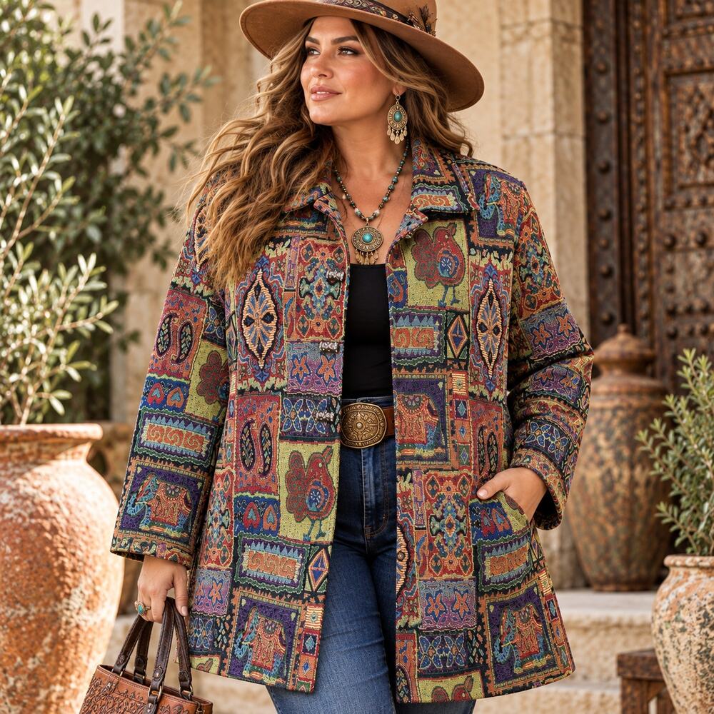 Plus Size 18W 20W Tapestry Jacket Elephant Beaded Boho Art-to-Wear Coat